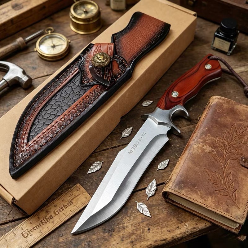 Survival Knife Full Tang - M390 Stahl Outdoor-Geradmesser, Holzgriff Tragbares Camping-Überlebensmesser,