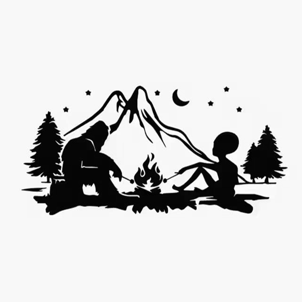 Outdoor Adventure Rv - Alien und Bigfoot Lagerfeuer-Vinyl-Aufkleber, lustige Outdoor-Abenteueraufkleber