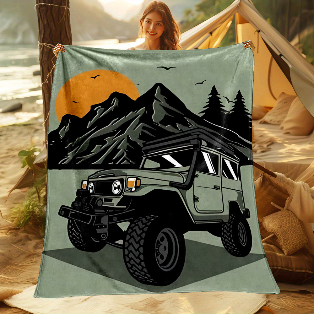 Outdoor Adventure Jeep - Gemütliche Camping-Jeep-Illustrationsdecke für Outdoor-Abenteuer, Picknick, Terrasse